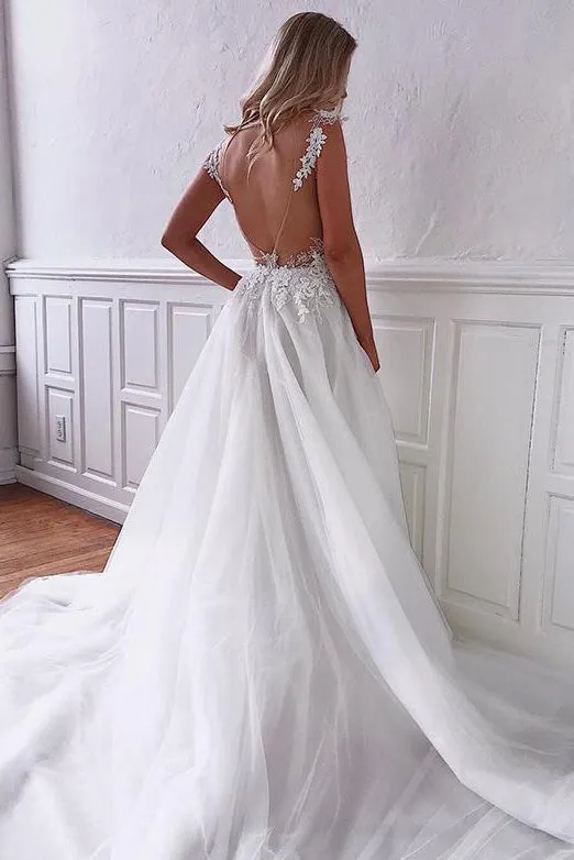 Charming A Line V Neck White Sleeveless Open Back Wedding Dresses Appliques OHD101