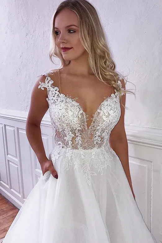 Charming A Line V Neck White Sleeveless Open Back Wedding Dresses Appliques OHD101