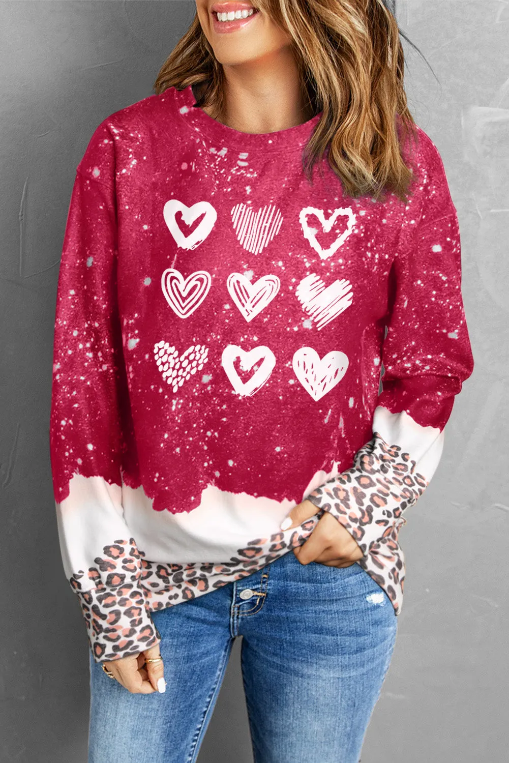 Fiery Red Multiple Heart Print Leopard Bleached Sweatshirt