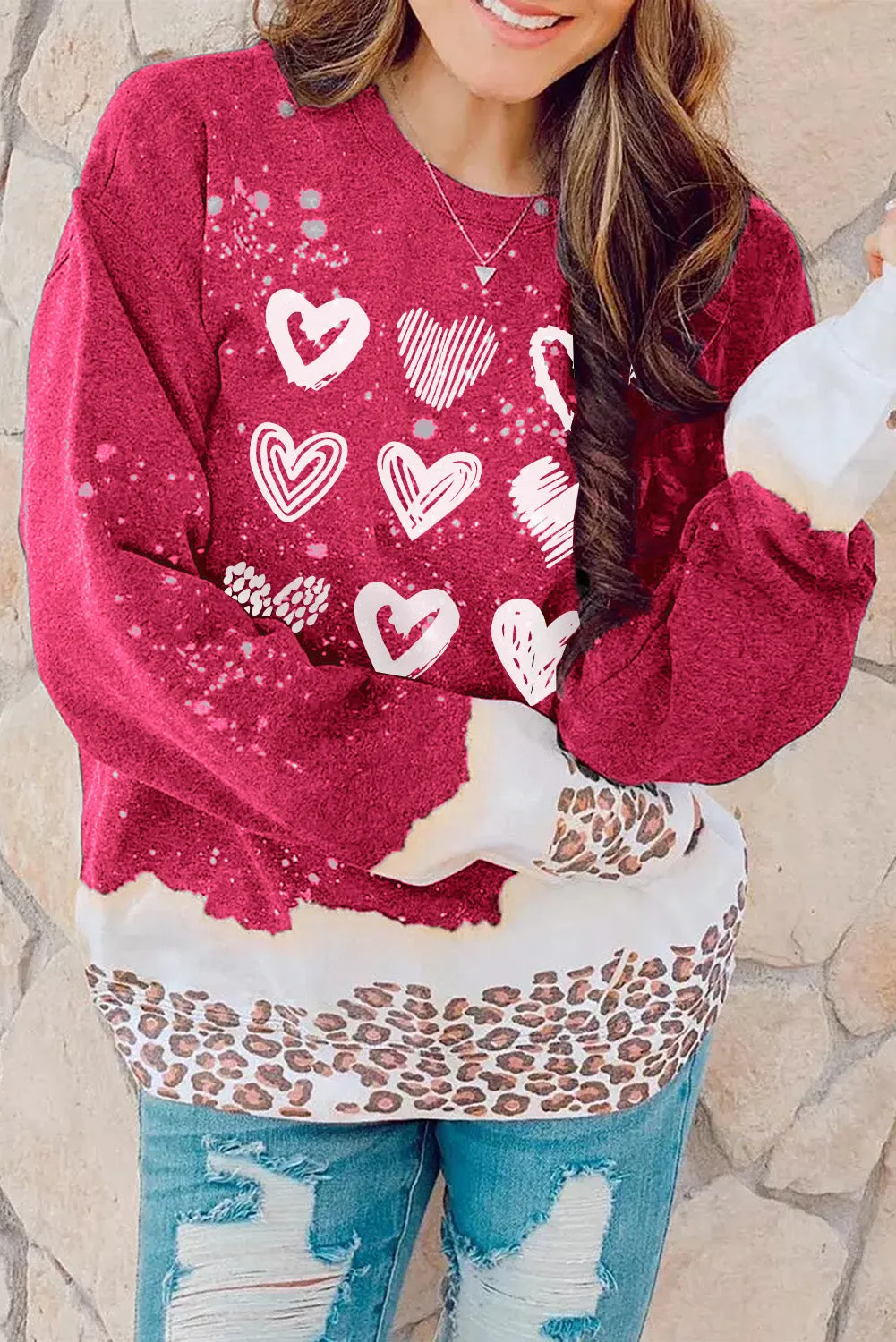 Fiery Red Multiple Heart Print Leopard Bleached Sweatshirt