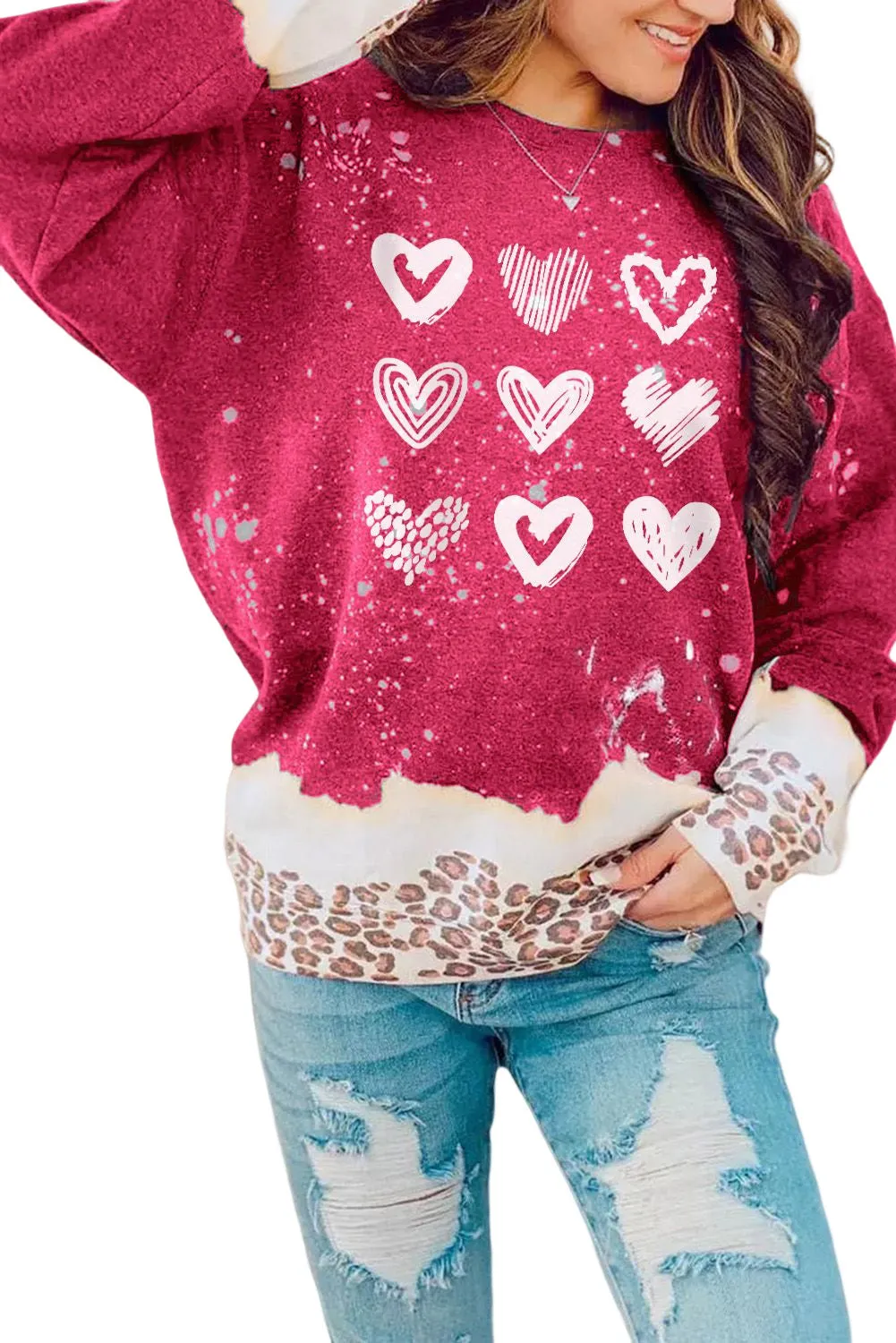 Fiery Red Multiple Heart Print Leopard Bleached Sweatshirt