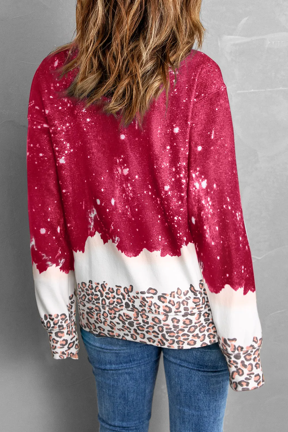 Fiery Red Multiple Heart Print Leopard Bleached Sweatshirt