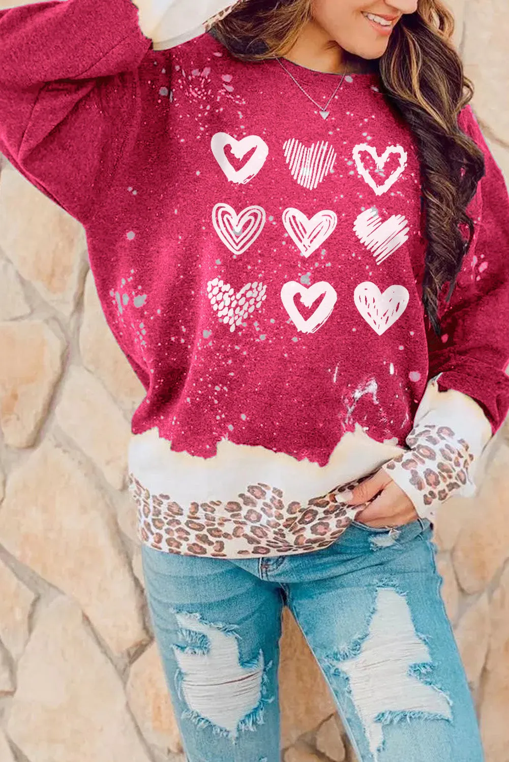Fiery Red Multiple Heart Print Leopard Bleached Sweatshirt