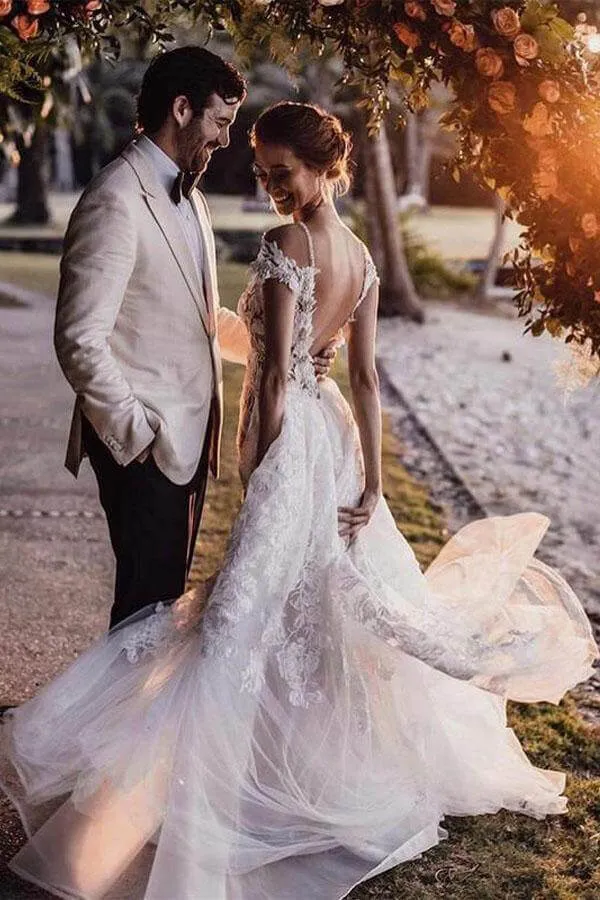 Gorgeous Tulle Mermaid Cap Sleeves Lace Appliqued Wedding Dresses, MW979