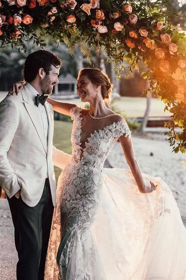 Gorgeous Tulle Mermaid Cap Sleeves Lace Appliqued Wedding Dresses, MW979