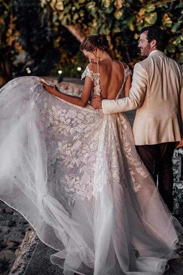 Gorgeous Tulle Mermaid Cap Sleeves Lace Appliqued Wedding Dresses, MW979