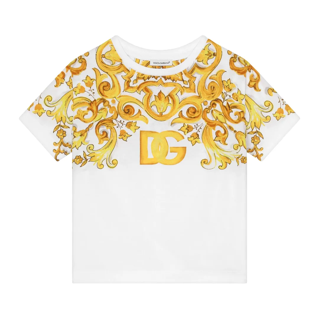 KIDS JERSEY T-SHIRT WITH YELLOW MAJOLICA PRINT AND DG LOGO