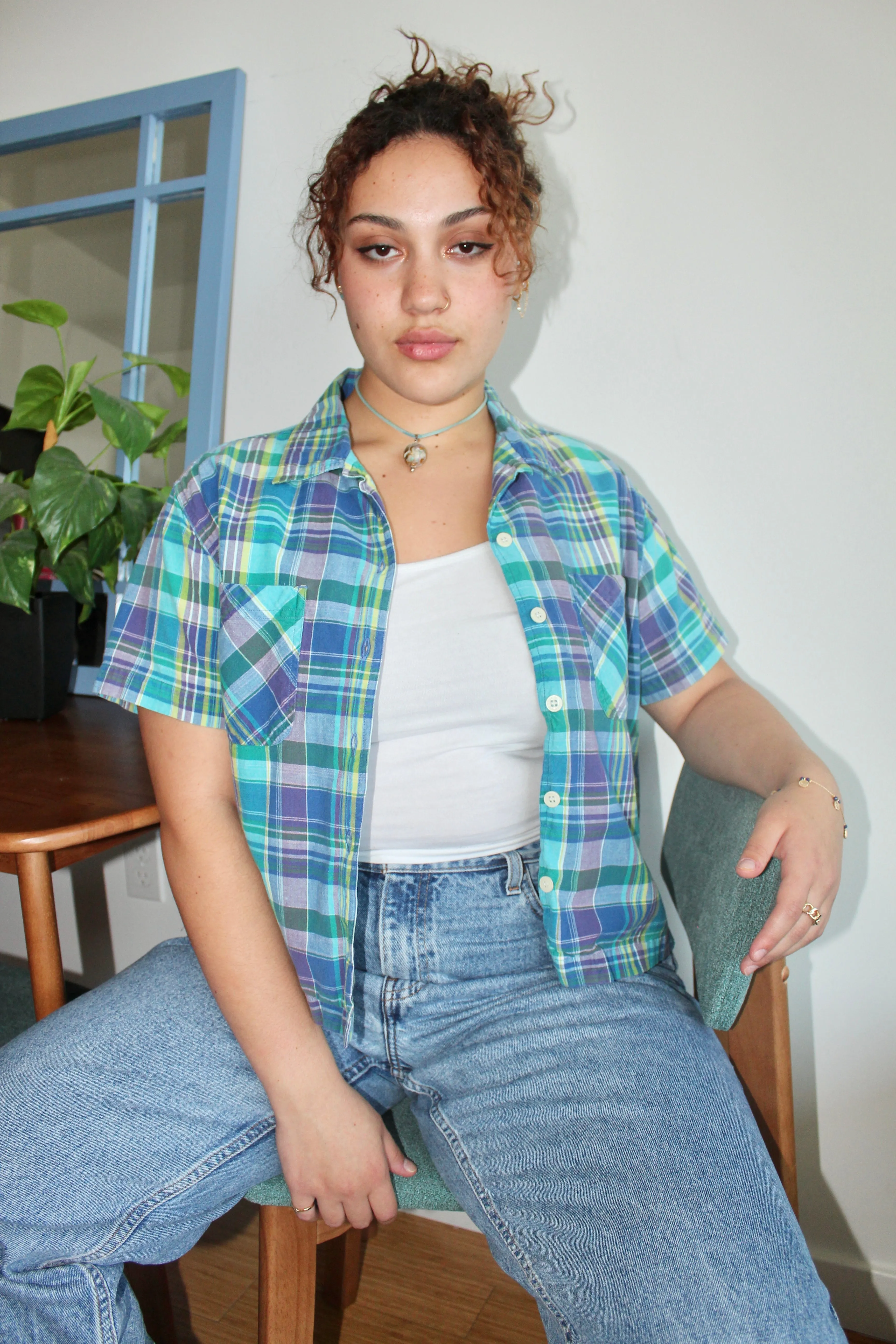 Vintage 90s Cropped Plaid Short Sleeve (M-L)
