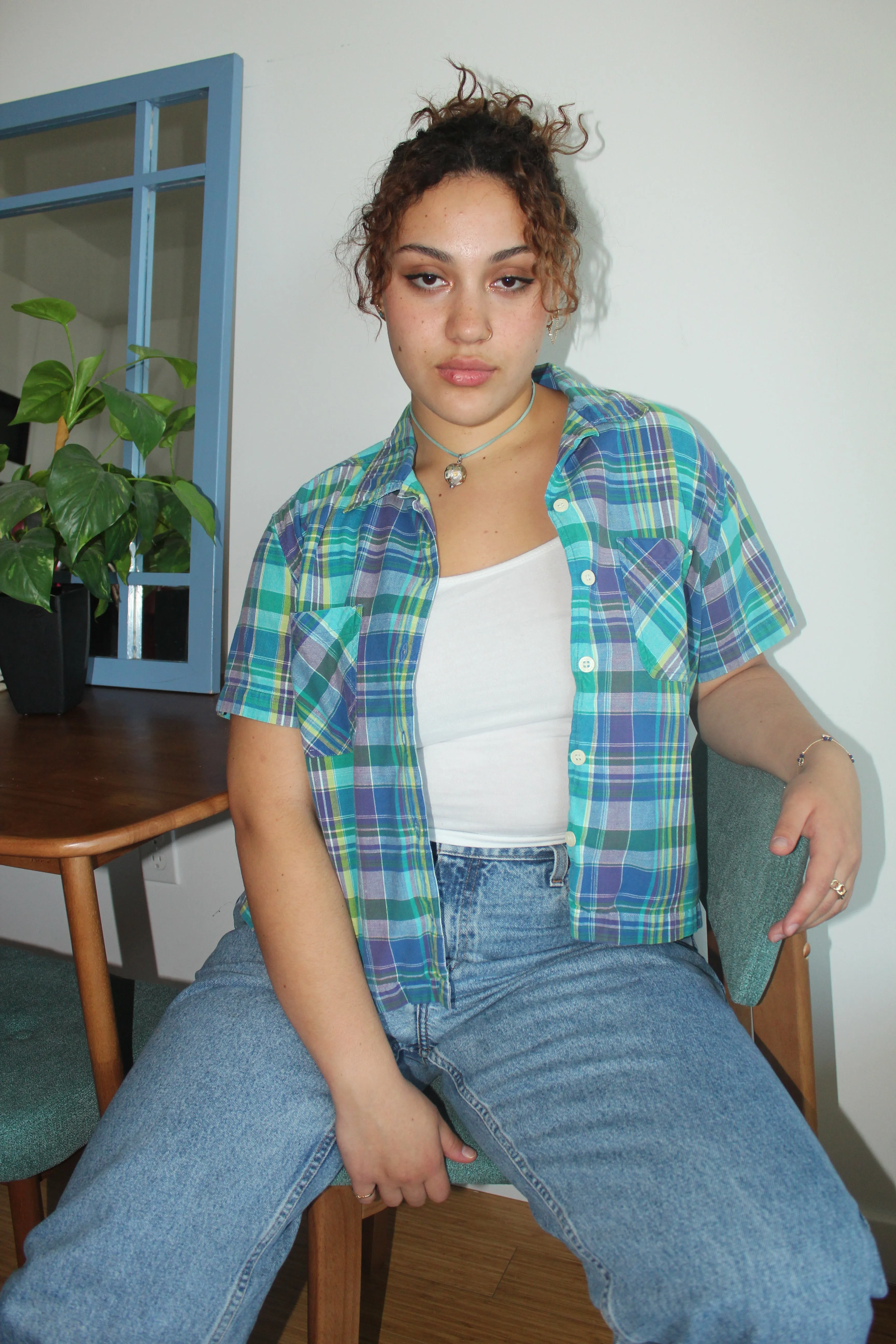 Vintage 90s Cropped Plaid Short Sleeve (M-L)