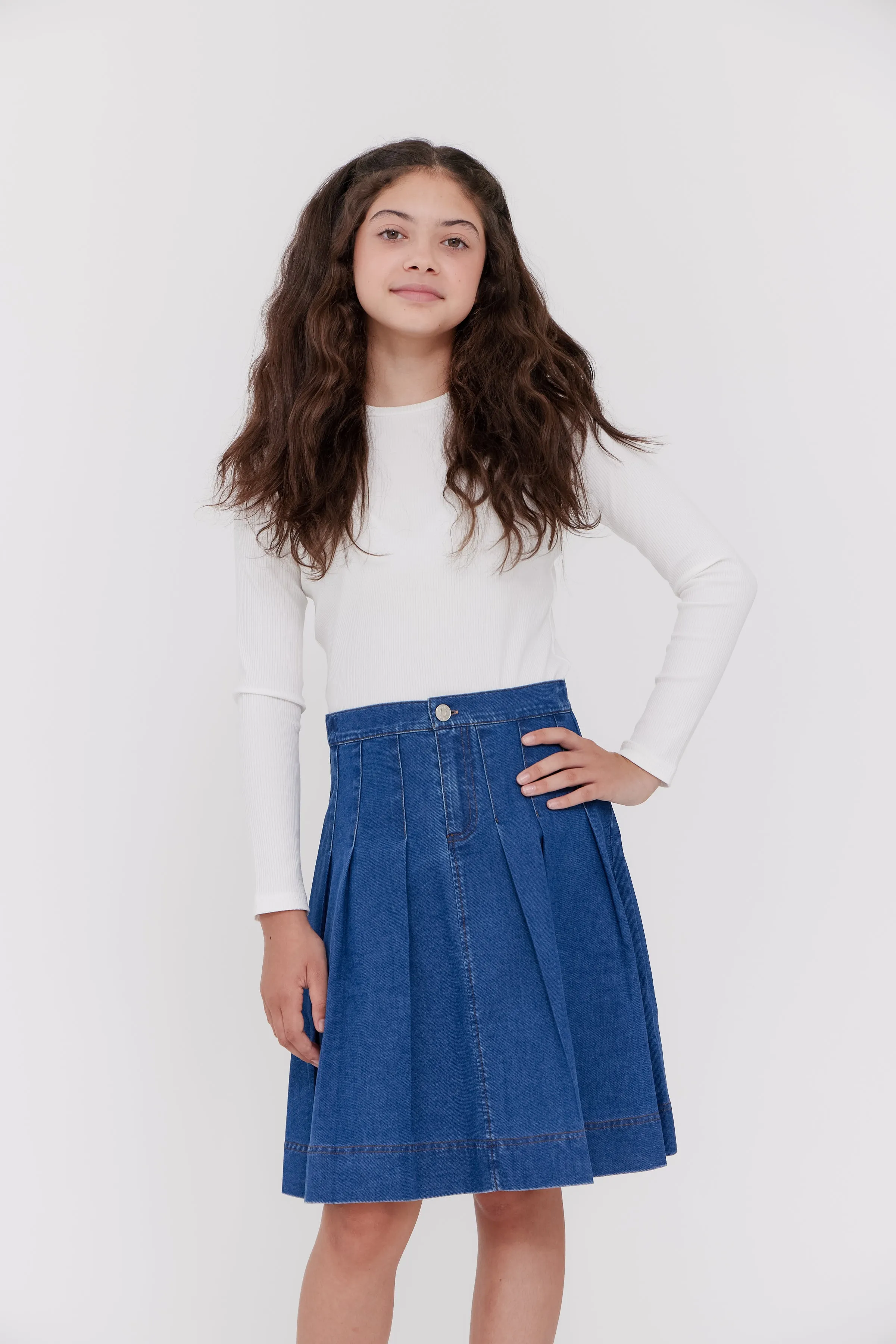 Wide pleated blue skirt by Crew Basics